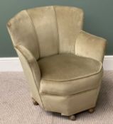 VINTAGE UPHOLSTERED EASY CHAIR, scallop shaped on castors, green upholstered, 78cms H, 74cms W,