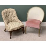 ANTIQUE TUB TYPE UPHOLSTERED CHAIR with buttoned back and on scrolled supports, 74cms H, 54cms W,