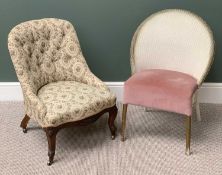 ANTIQUE TUB TYPE UPHOLSTERED CHAIR with buttoned back and on scrolled supports, 74cms H, 54cms W,