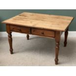 ANTIQUE PINE TYPE FARMHOUSE KITCHEN TABLE with two drawers, on turned supports, 76cms H, 132cms W,