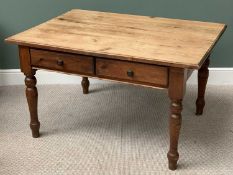 ANTIQUE PINE TYPE FARMHOUSE KITCHEN TABLE with two drawers, on turned supports, 76cms H, 132cms W,