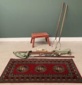 WILTON "WOODWARD GROSVENOR" RUG, red ground, 91 x 183cms, a vintage painted pine stool, pitchforks