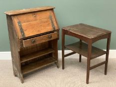 ARTS & CRAFTS STYLE OAK BUREAU with two base shelves and central drawer, label for "Aston & Son,