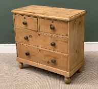 ANTIQUE PINE TYPE CHEST of two short over two long drawers, on turned feet, 89cms H, 90cms W,