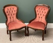 REPRODUCTION SPOON & BUTTON BACK LADY'S ARMCHAIRS, a pair, 88cms H, 54cms W, 42cms D