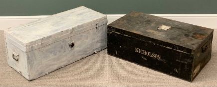 VINTAGE TRUNKS - metal, labelled "Nicholson", 30cms H, 83cms W, 47cms D and a similar size white