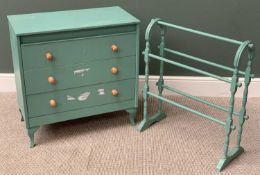 PAINTED PINE THREE DRAWER CHEST with turned knobs and a similarly painted towel airer, 77cms H,