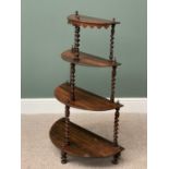 ROSEWOOD WHATNOT having four half moon shelves with twist supports, 110cms H, 69cms W, 34cms D