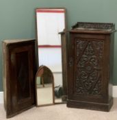 FURNITURE ASSORTMENT (4) - Gothic type mahogany carved front and railback single door music cabinet,