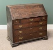 GEORGIAN OAK BUREAU with fitted interior having pigeon holes and small drawers, the base with a