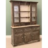 VICTORIAN PINE DRESSER, the upper section having central shelves flanked by twin glazed doors over