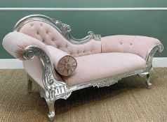 DECORATIVE VICTORIAN-STYLE SILVERED WOOD CHAISE LONGUE, faceted glass button-upholstered pink velour