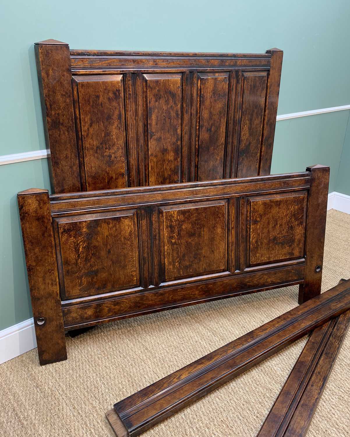 BYLAW REPRODUCTION STAINED OAK PANELLED DOUBLE BED in the 17th Century style, head board, foot board - Image 2 of 3