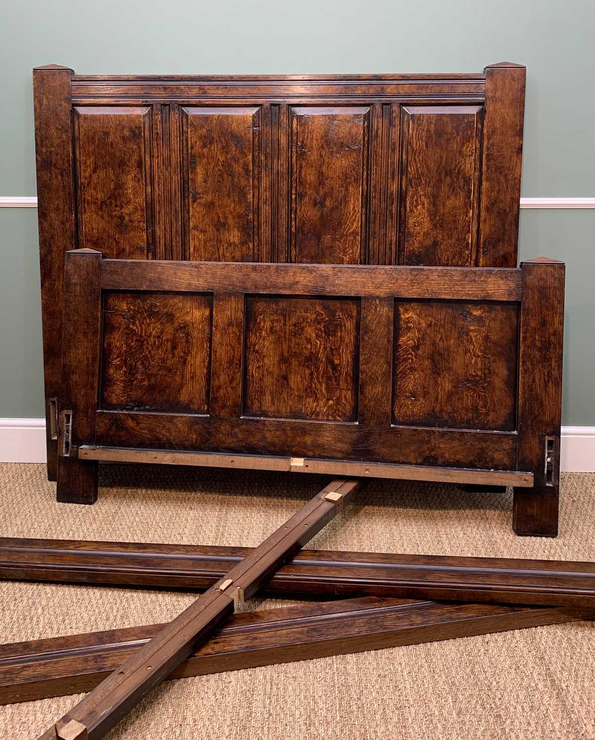 BYLAW REPRODUCTION STAINED OAK PANELLED DOUBLE BED in the 17th Century style, head board, foot board - Image 3 of 3