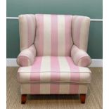 LARGE MODERN WING-BACK ARMCHAIR, upholstered in ivory/pink zig-zag fabric, 110cms wide