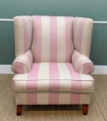 LARGE MODERN WING-BACK ARMCHAIR, upholstered in ivory/pink zig-zag fabric, 110cms wide