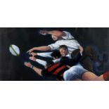 ‡ JAMES DONOVAN acrylic - four male figures reaching out to catch a rugby ball, signed with initials