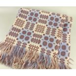 DERW MILLS TRADITIONAL WELSH WOOLLEN TAPESTRY BLANKET geometric design in blue, cream and brown,