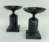 PAIR MODERN GRAND TOUR-STYLE PEDESTAL URNS, circular shallow bronze dishes on socle stems raised