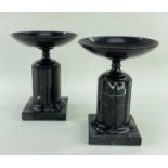 PAIR MODERN GRAND TOUR-STYLE PEDESTAL URNS, circular shallow bronze dishes on socle stems raised