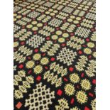 WELSH WOOLEN TAPESTRY BLANKET, black, white, red, yellow, with border pattern variation, 168 x