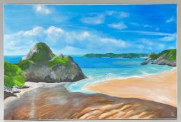 SERENA CUTLER acrylic on stretched canvas - entitled 'Three Cliffs Bay', 50 x 60cms