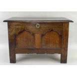 WELSH JOINED OAK COFFER BACH, hinged moulded lid above pointed arch paneled front, high stile