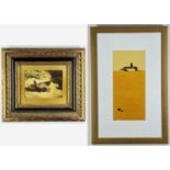 TWO PICTURES - (1) reproduction antique-style print of two pheasants, 15 x 19cms (2) initialled