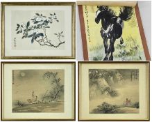 FOUR CHINESE PAINTINGS, ink and wash on silk or paper - maidens in a small boat 17.5 x 21.5cm,