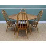 ERCOL ELM DINING TABLE & FOUR DINING CHAIRS, table model '384' with drop flap sides, 113cm w, chairs