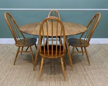 ERCOL ELM DINING TABLE & FOUR DINING CHAIRS, table model '384' with drop flap sides, 113cm w, chairs