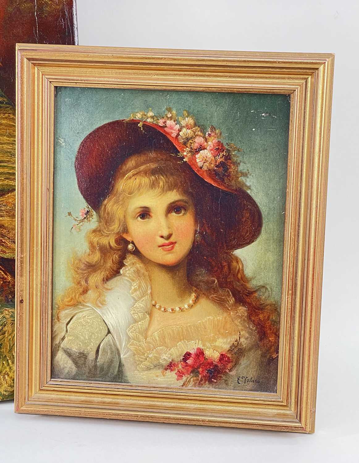 E. VALERO, oil on board - portrait of a girl in a red floral bonnet, and a companion, signed, - Image 3 of 3