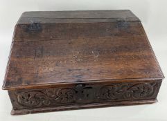 LATE 18TH / EARLY 19TH CENTURY OAK WELSH BIBLE OR DESK BOX hinged slope over deep foliate carved