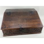 LATE 18TH / EARLY 19TH CENTURY OAK WELSH BIBLE OR DESK BOX hinged slope over deep foliate carved