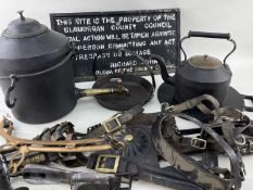 ASSORTED IRONMONGERY, including kettle with tap, skillet, kettle, various leather horse harnesses,