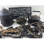ASSORTED IRONMONGERY, including kettle with tap, skillet, kettle, various leather horse harnesses,