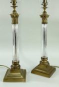 PAIR CUT GLASS & BRASS CORINTHIAN COLUMN TABLE LAMPS, pleased white shades, 50cm high to socket (