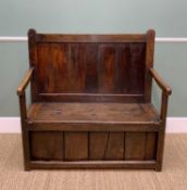 18TH CENTURY JOINED OAK BOX SETTLE, rectangular boarded back, downswept arms, hinged seat, boarded