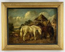 CIRCLE OF JOHN FREDERICK HERRING, oil on canvas - two horses feeding beside pigs, duck and 2