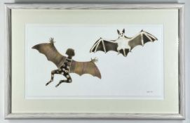 WENDY EARLE watercolour and glitter - surreal illustration of figure dressed as bat and a bat, 21.