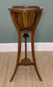 EDWARDIAN SATINWOOD CROSSBANDED TRIPOD JARDINIERE, copper cache pot in slatted frame, sabbre legs,