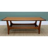 MID CENTURY TEAK COFFEE TABLE, probably Danish, with slatted under tier, 114w x 46d x 41cm h
