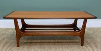 MID CENTURY TEAK COFFEE TABLE, probably Danish, with slatted under tier, 114w x 46d x 41cm h