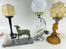 FOUR ART DECO=-STYLE TABLE LAMPS, including one with chrome dancer, one with bakelite base, one with