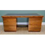 CONTEMPORARY WALNUT PEDESTAL DESK, inset brown leather top upon banks of drawers and filing