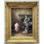 SAMUEL SIDLEY R.B.A., R.C.A. (1829-1896) oil on canvas - Kitchen interior with children feeding a