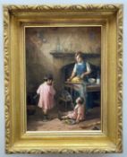 SAMUEL SIDLEY R.B.A., R.C.A. (1829-1896) oil on canvas - Kitchen interior with children feeding a