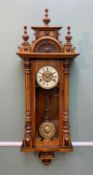 EARLY 20TH CENTURY CONTINENTAL WALNUT VIENNA STYLE WALL CLOCK, carved pediment, fluted pilasters and