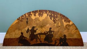 PICTORIAL MARQUETRY DEMILUNE PANEL, decorated with silhouettes of an 18th Century couple seated at