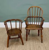 TWO ANTIQUE CHILD'S COUNTRY CHAIRS, including an elm Windsor chair, 70cms high (2)